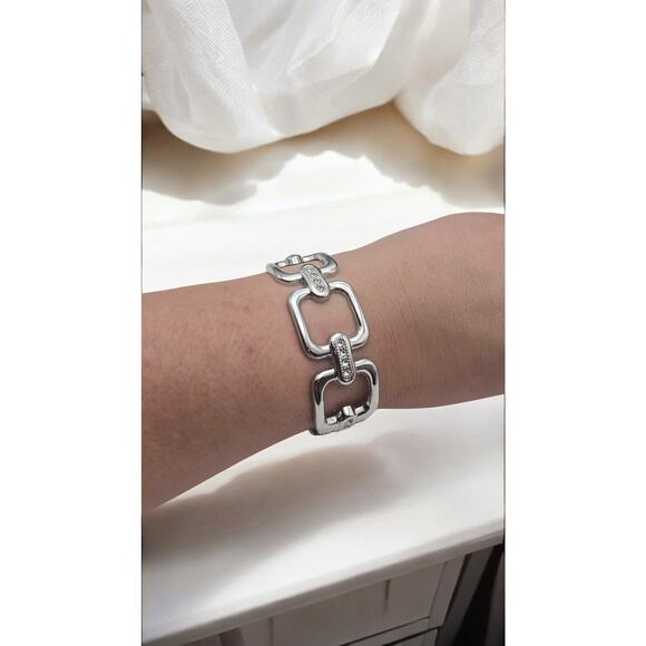 Chunky Silver Tone Link Hinged Bracelet with Rhinestone Accents - Picture 2 of 6
